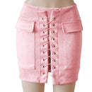 Fashion Womens Autumn Lace-up Leather Suede Pencil Skirts Winter Cross High Waist Mini Skirt Zipper Split Bodycon Short Skirts-Baby Pink-L-JadeMoghul Inc.
