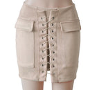 Fashion Womens Autumn Lace-up Leather Suede Pencil Skirts Winter Cross High Waist Mini Skirt Zipper Split Bodycon Short Skirts-Beige-L-JadeMoghul Inc.