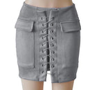 Fashion Womens Autumn Lace-up Leather Suede Pencil Skirts Winter Cross High Waist Mini Skirt Zipper Split Bodycon Short Skirts-Grey-L-JadeMoghul Inc.