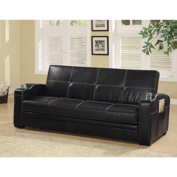 Faux Leather Sofa Bed with Storage and Cup Holders, Black-Bedroom Furniture Sets-BLACK-VINYL-JadeMoghul Inc.