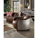 Faux Leather Upholstered Chair Wooden with Aluminium Patchwork, Brown and Silver-Accent Chairs-Brown and Silver-Faux Leather Wood and Aluminium-JadeMoghul Inc.