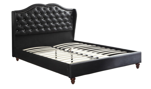 Faux Leather Upholstered Eastern King Size Bed, Black-Platform Beds-Black-Faux Leather Plywood solid pine Plywoodwood legs-JadeMoghul Inc.