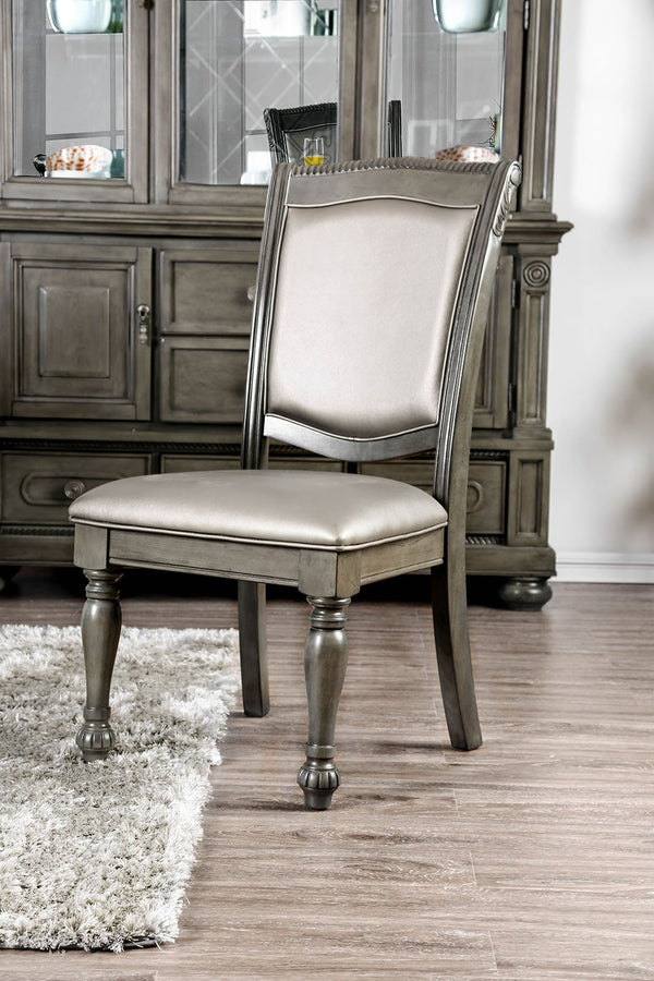 Faux Leather Upholstered Solid Wood Side Chair, Pack of Two, Silver and Gray-Living Room Furniture-Silver and Gray-Faux Leather Solid Wood-JadeMoghul Inc.