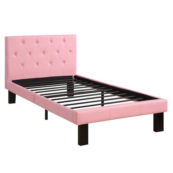 Faux Leather Upholstered Twin size Bed With tufted Headboard, Pink-Platform Beds-Pink-Solid pineplywood Poplar wood Pink faux leather-JadeMoghul Inc.