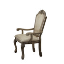 Faux Leather Upholstered Wooden Arm Chairs with Carved Details, Antique White, Set of Two-Arm Chairs-Brown-Wood and Faux Leather-JadeMoghul Inc.