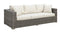 Faux Rattan Wicker Upholstered Sofa with Aluminium Frame, Gray and White-Living Room Furniture-Gray and White-Faux Rattan Aluminium and Fabric-JadeMoghul Inc.