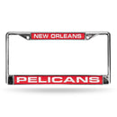 FCL Chrome Laser License Frame License Plate Frames Pelicans Laser Chrome Frame Red Background With White Letters RICO