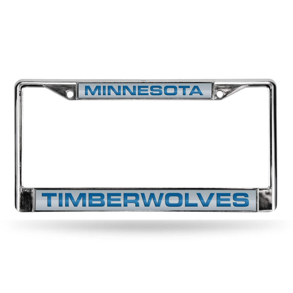 Porsche License Plate Frame Timberwolves Laser Chrome Frame Silver Background With Royal Letters