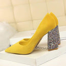 Female 8cm High Glitter Heels Block Pumps Ladies Sexy Chunky Tacones Heels Woman Scarpin Elegant Party Shoes