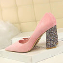 Female 8cm High Glitter Heels Block Pumps Ladies Sexy Chunky Tacones Heels Woman Scarpin Elegant Party Shoes
