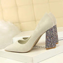 Female 8cm High Glitter Heels Block Pumps Ladies Sexy Chunky Tacones Heels Woman Scarpin Elegant Party Shoes