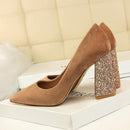 Female 8cm High Glitter Heels Block Pumps Ladies Sexy Chunky Tacones Heels Woman Scarpin Elegant Party Shoes-Khaki-6-JadeMoghul Inc.