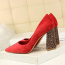 Female 8cm High Glitter Heels Block Pumps Ladies Sexy Chunky Tacones Heels Woman Scarpin Elegant Party Shoes-Red-6-JadeMoghul Inc.