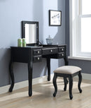 Five Drawers Wooden Vanity Set with Cushioned Fabric Stool, Black and White