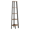 Five Tier Ladder Style Wooden Corner Shelf with Iron Framework, Brown and Black