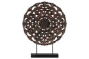 Floral Patterned Round Wooden Wheel Ornament On Rectangular Stand, Large, Bronze-Home Accent-Bronze-Wood-JadeMoghul Inc.