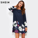 Flower Print Loose Fit Shirt Dress-Navy Blue-S-JadeMoghul Inc.