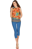 Fox Emily Orange Designer Sleeveless Dressy Top - Women-Fox-XS-Orange/Green-JadeMoghul Inc.