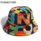 FOXMOTHER New Outdoor Multicolor Rainbow Faux Fur Letter Pattern Bucket Hats Women Winter Soft Warm Gorros Mujer AExp