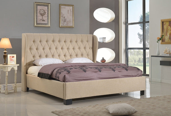 Full Size Platform Bed with Button Tufted Back and Rails, Tan-Platform Beds-Tan-Wood/ Fabric-JadeMoghul Inc.