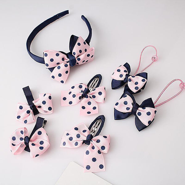 Girls 7pcs Polka Dot Ribbon Bow Headwear Set-A-free size-JadeMoghul Inc.