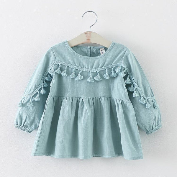 Girls Cotton Tassel Casual Summer Dress-Blue-9M-JadeMoghul Inc.