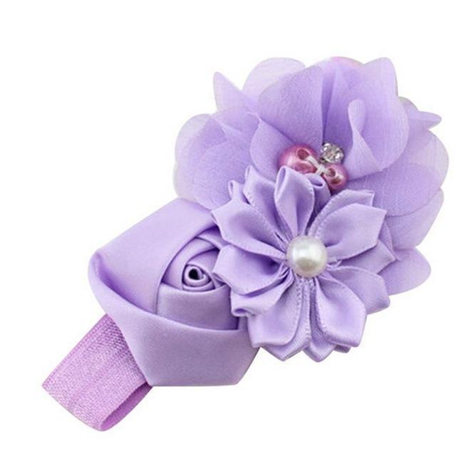 Girls Ribbon And Fabric Flowers Elastic Head Band-Purple-JadeMoghul Inc.