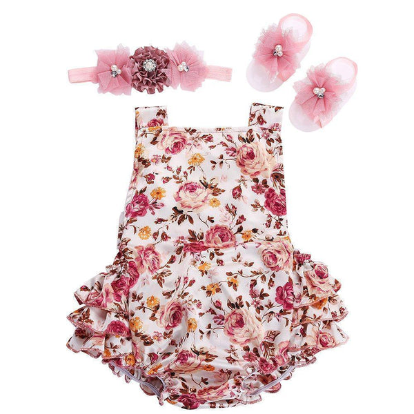 Girls Summer Ruffle Floral Print Romper , HeadBand And Shoes Set-2G3004-9M-JadeMoghul Inc.