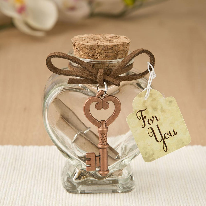 Glass heart message Jar with copper metal key accent-Favor Boxes Bags & Containers-JadeMoghul Inc.
