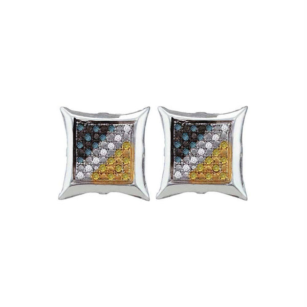 Gold & Diamond Men Earrings Sterling Silver Mens Round Blue Yellow Color Enhanced Diamond Square Cluster Earrings 1-6 Cttw JadeMoghul Inc. 