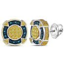 Gold & Diamond Men Earrings Sterling Silver Mens Round Yellow Blue Color Enhanced Diamond Circle Cluster Earrings 1-8 Cttw JadeMoghul Inc.
