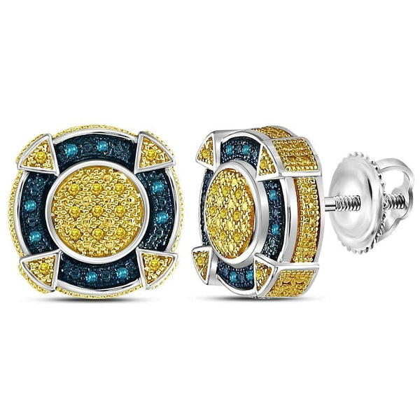 Gold & Diamond Men Earrings Sterling Silver Mens Round Yellow Blue Color Enhanced Diamond Circle  Cluster Earrings 1-8 Cttw JadeMoghul Inc. 