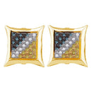 Yellow-tone Sterling Silver Mens Round Blue Yellow Color Enhanced Diamond Cluster Earrings 1-6 Cttw