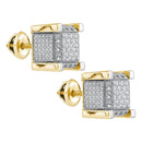 Yellow-tone Sterling Silver Mens Round Diamond 3D Square Cluster Stud Earrings 1-5 Cttw