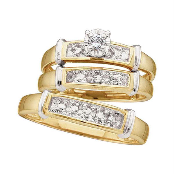 Gold & Diamond Trio Sets Sterling Silver His & Hers Round Diamond Solitaire Matching Bridal Wedding Ring Band Set 1/12 Cttw - FREE Shipping (US/CAN) JadeMoghul