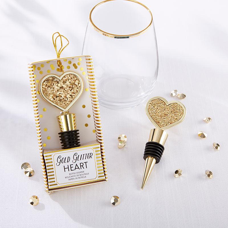 Gold Glitter Heart Bottle Stopper-Wedding Cake Toppers-JadeMoghul Inc.