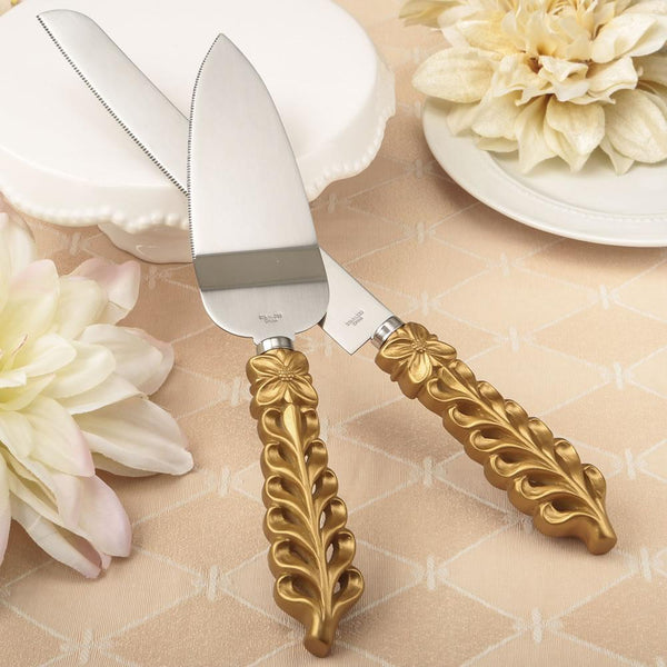 Gold lattice botanical collection stainless cake knife set-Wedding Cake Accessories-JadeMoghul Inc.