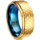 Gold Ring Gold Tone Blue Tungsten Carbide Hammered Step Edges Ring