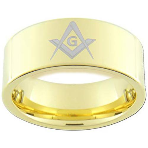 Gold Ring Gold Tone Tungsten Carbide Masonic Pipe Cut Flat Ring