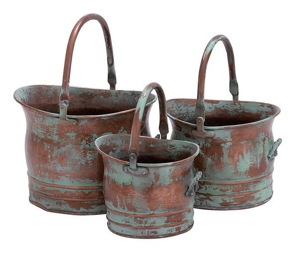 Green Tinged Metal Bucket Planter With Handles, Set of 3-Indoor Pots and Planters-Copper and Green-Metal-Distressed-JadeMoghul Inc.