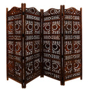 Hand Carved Sun And Moon Design Foldable 4 Panel Wooden Room Divider, Brown