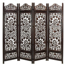 Handcrafted Wooden 4 Panel Room Divider Screen Featuring Lotus Pattern-Reversible-Carved Wood Room Dividers-Brown-Mango Wood MDF-JadeMoghul Inc.