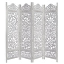 Handcrafted Wooden 4 Panel Room Divider Screen Featuring Lotus Pattern-Reversible-Carved Wood Room Dividers-White-Mango Wood MDF-JadeMoghul Inc.