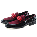 Handmade Genuine Patent Leather And Nubuck Leather Patchwork With Bow Tie Men Wedding Black Dress Shoes-Red-7-JadeMoghul Inc.