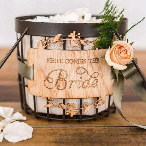 "Here Comes the Bride" Wood Veneer Flower Girl Basket Sign (Pack of 1)-Wedding Signs-JadeMoghul Inc.