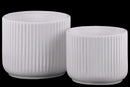 Home Accent Ribbed Patterned Ceramic Pot With Tapered Bottom, Glossy White, Set of 2 Benzara