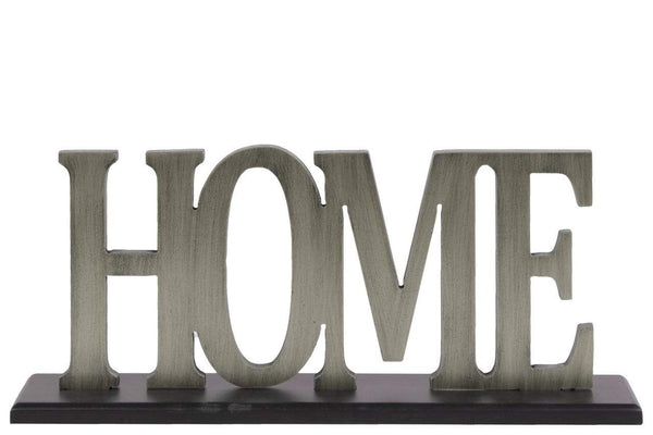 Wood Alphabet Decor "Home" On Black Rectangular Base, Silver
