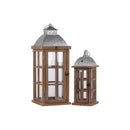 Wooden Lantern With Galvanized Top and Ring Handle, Set Of 2, Natural Finish Brown