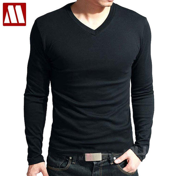 Hot Sale New spring high-elastic cotton t-shirts men's long sleeve v neck tight t shirt free CHINA POST shipping Asia S-XXXXXL-V neck Black-S-JadeMoghul Inc.