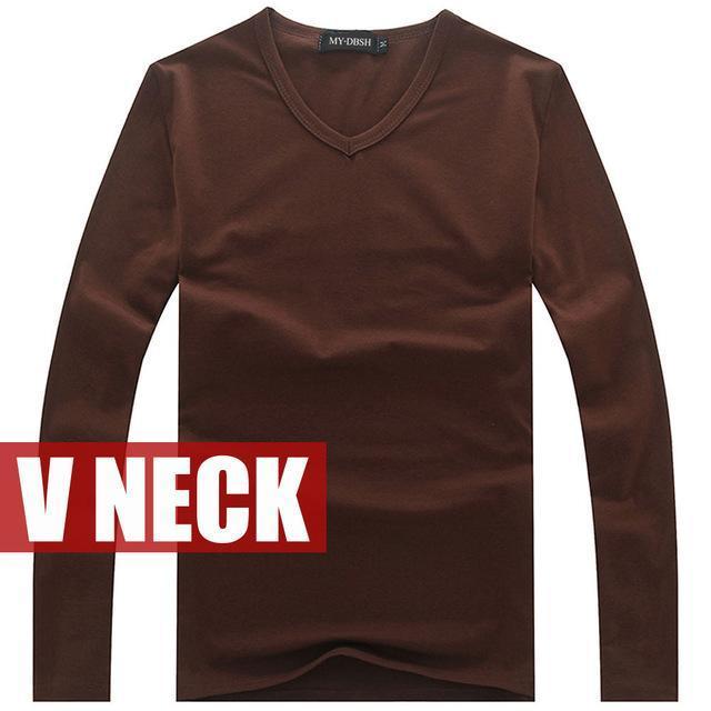 Hot Sale New spring high-elastic cotton t-shirts men's long sleeve v neck tight t shirt free CHINA POST shipping Asia S-XXXXXL-V neck Coffee-S-JadeMoghul Inc.